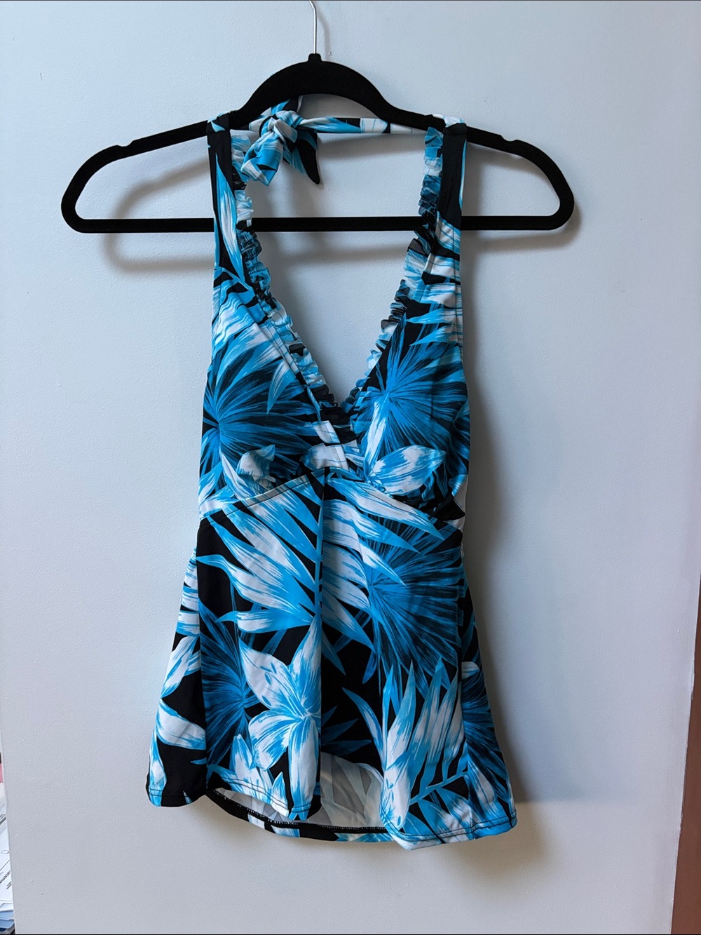 Caribbean Joe BLUEFLORIA Mesh Ruffle Neck Halter Tankini Top,Size 10,NWT